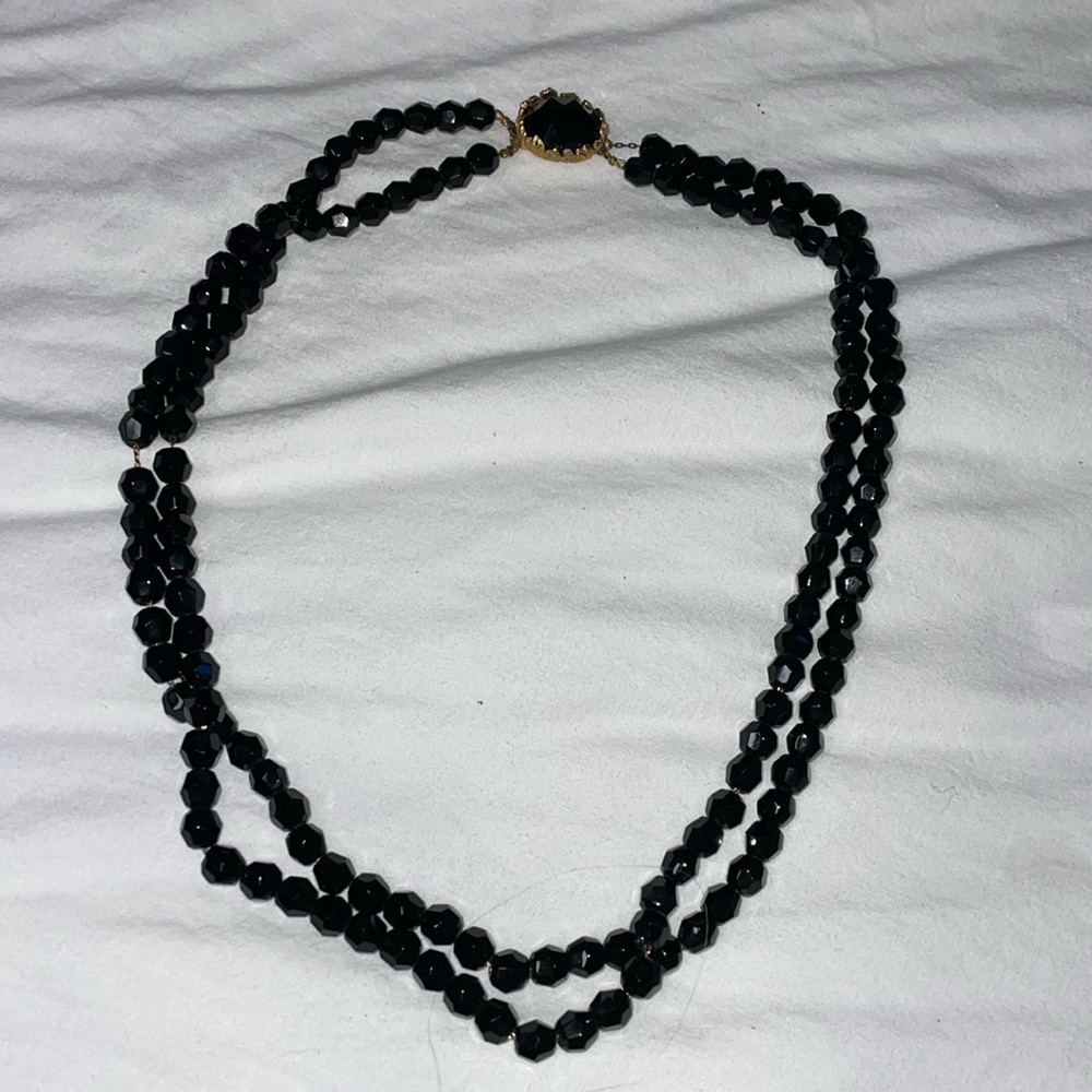 Vintage gold tone jet black faucet cut bead multi chain strands ornate slide loc